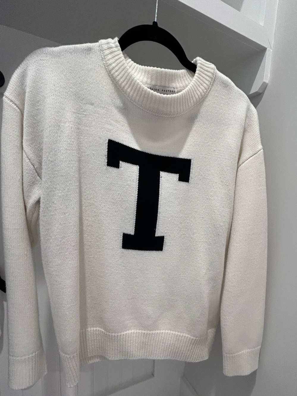 English Factory Cream Crewneck Sweater with Black 'T' M